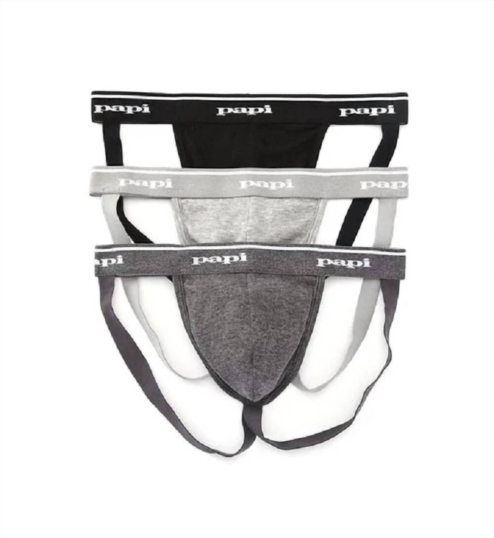NEW PAPI men's cotton jockstrap briefs - 3 pack in black / charcoal / heather gr